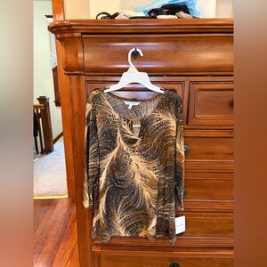 Emily Daniels Gold & Black Feather Print Keyhole Top Size Large NWT